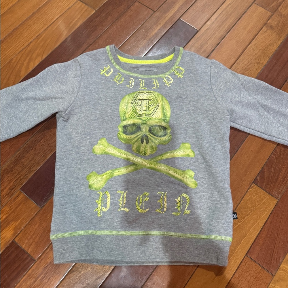Philipp Plein Gray and Green Skull Sweatshirt